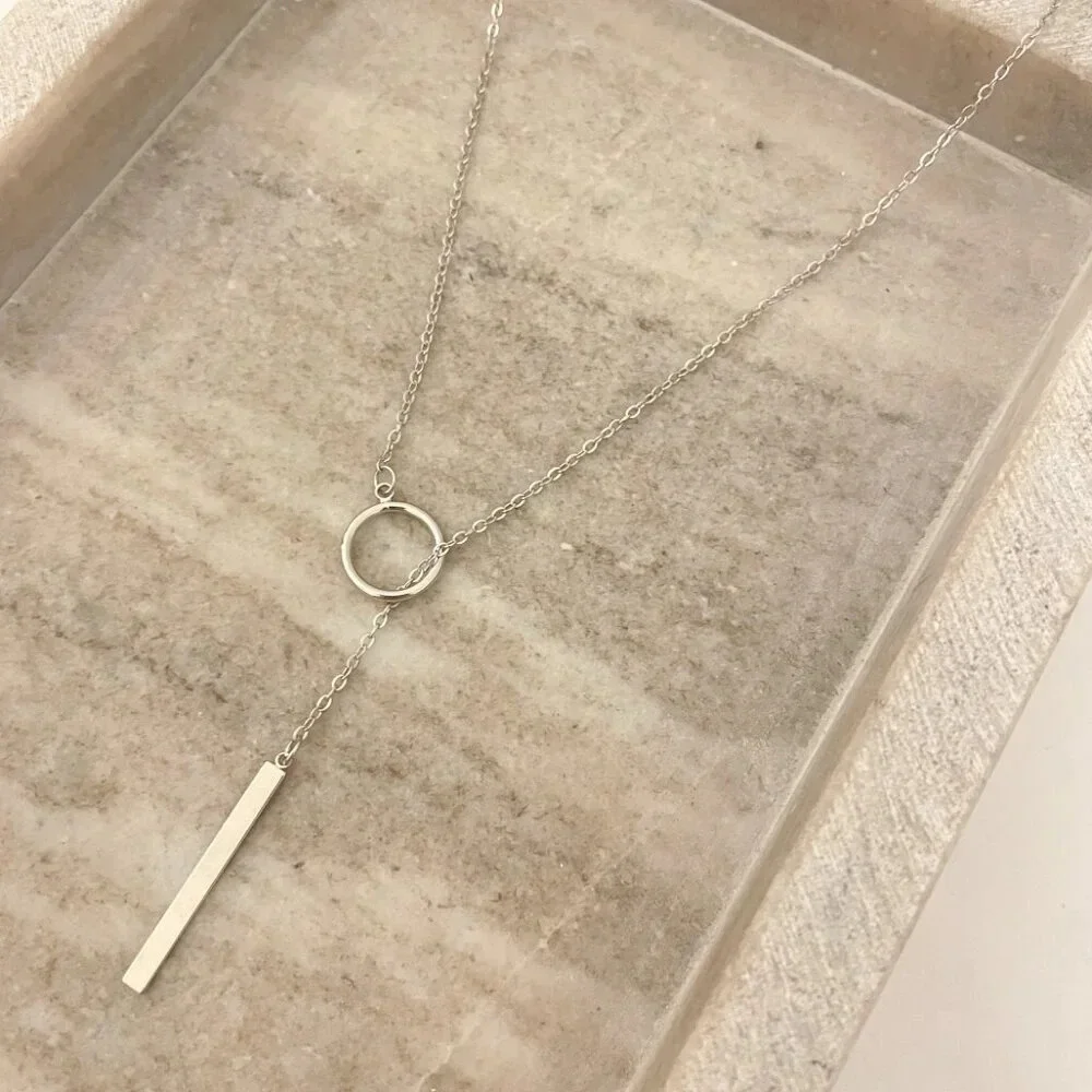 925 Sterling Silver Lariat Necklace Circle & Bar Drop Necklace Minimalist Chain